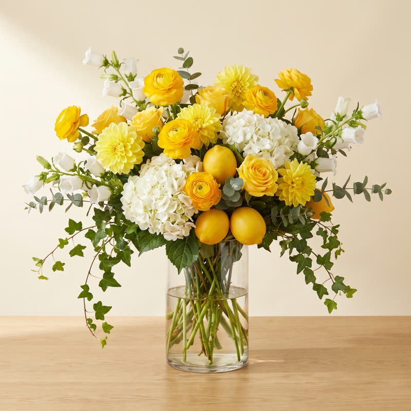 Grand arrangement of white hydrangea, yellow ranunculus, dahlias and roses with fresh lemons and trailing ivy in a glass vase