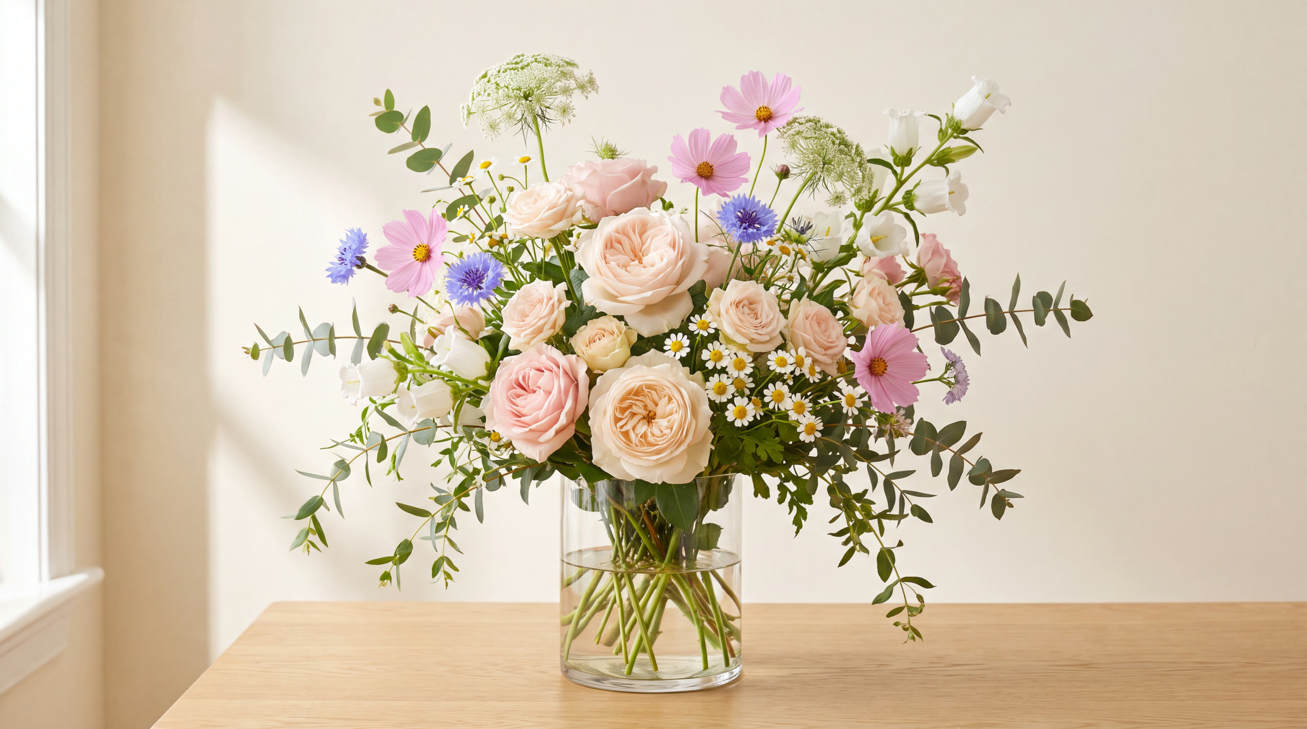 An abundant pastel garden arrangement of blush and cream garden roses, pink cosmos, blue cornflowers, white bellflowers, Queen Anne's lace, and eucalyptus in a clear glass vase on a light oak table in soft window light