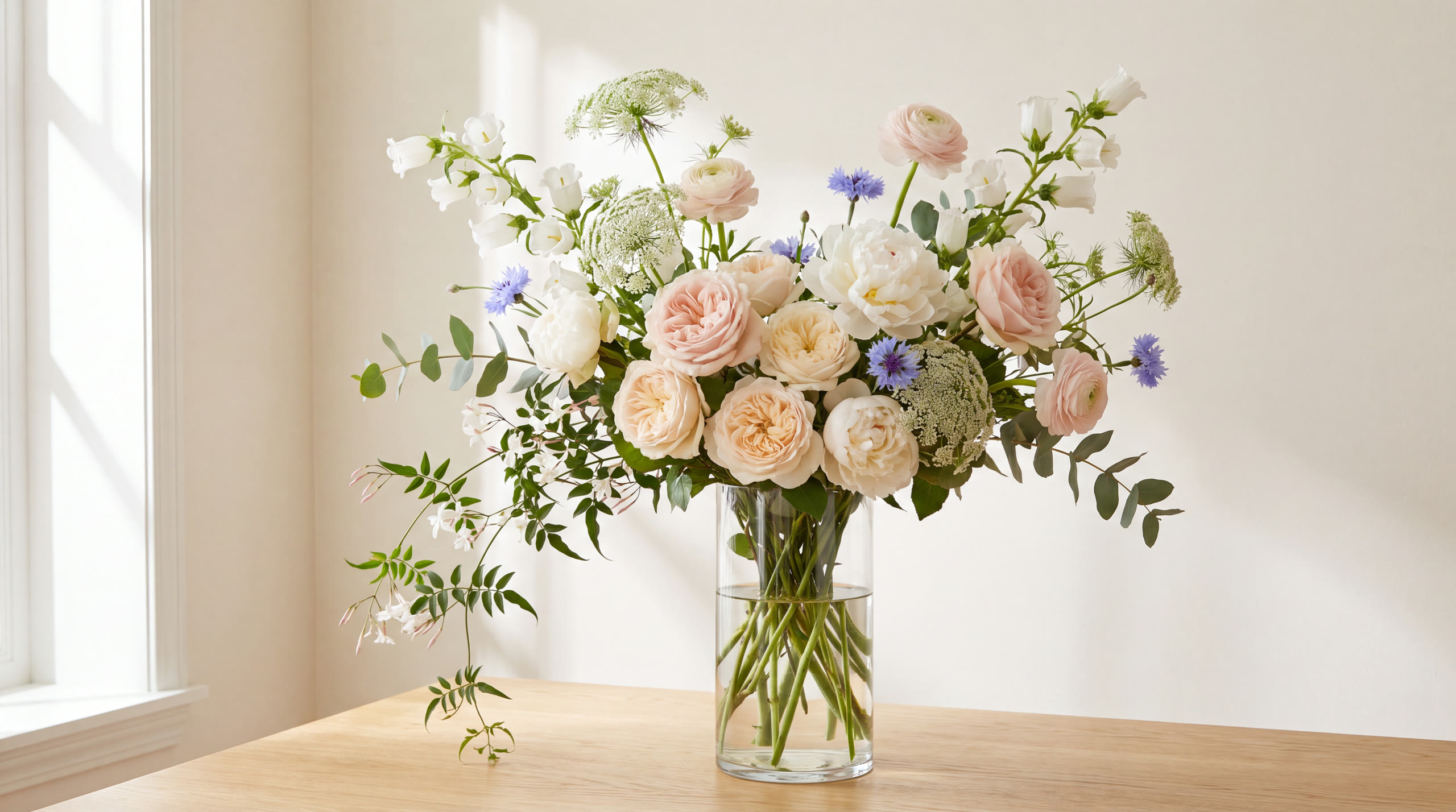 A lush statement arrangement of blush and cream garden roses, ranunculus, white peonies, bellflowers, Queen Anne's lace and cornflowers with cascading jasmine, in a clear glass vase on an oak table in soft window light.