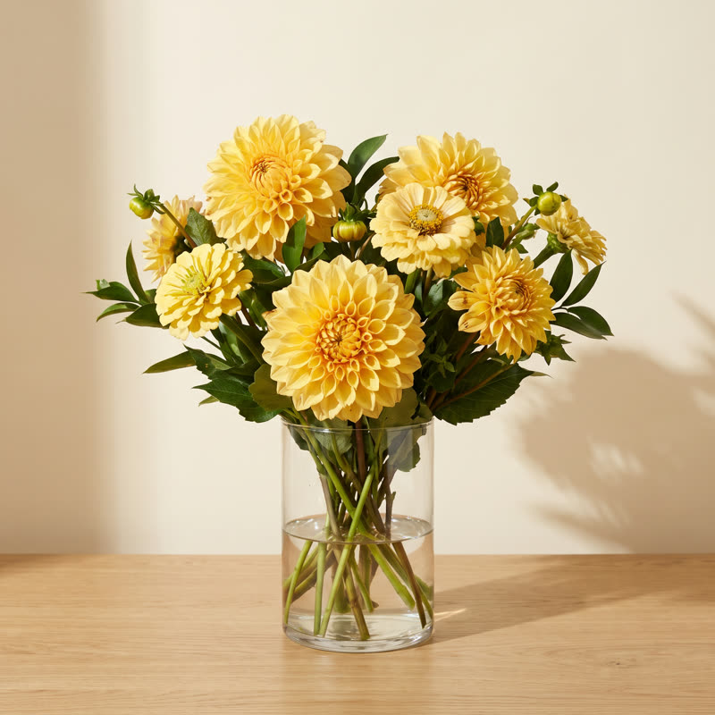 Golden dahlias and zinnias gathered in a glass cylinder