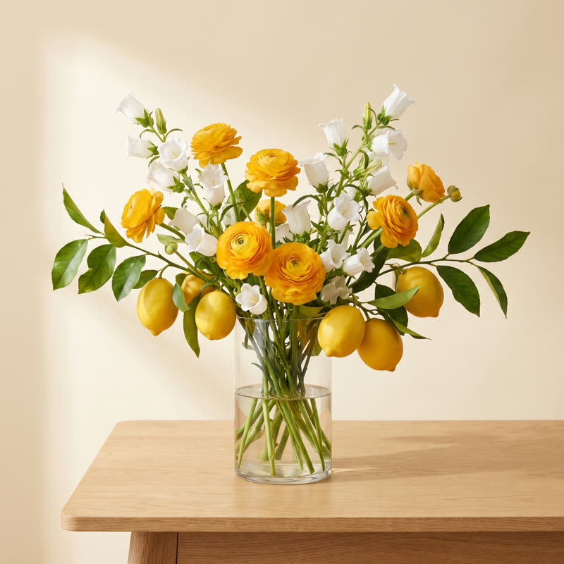 Orange ranunculus and white bellflowers with lemon branches, fruit still on the stem