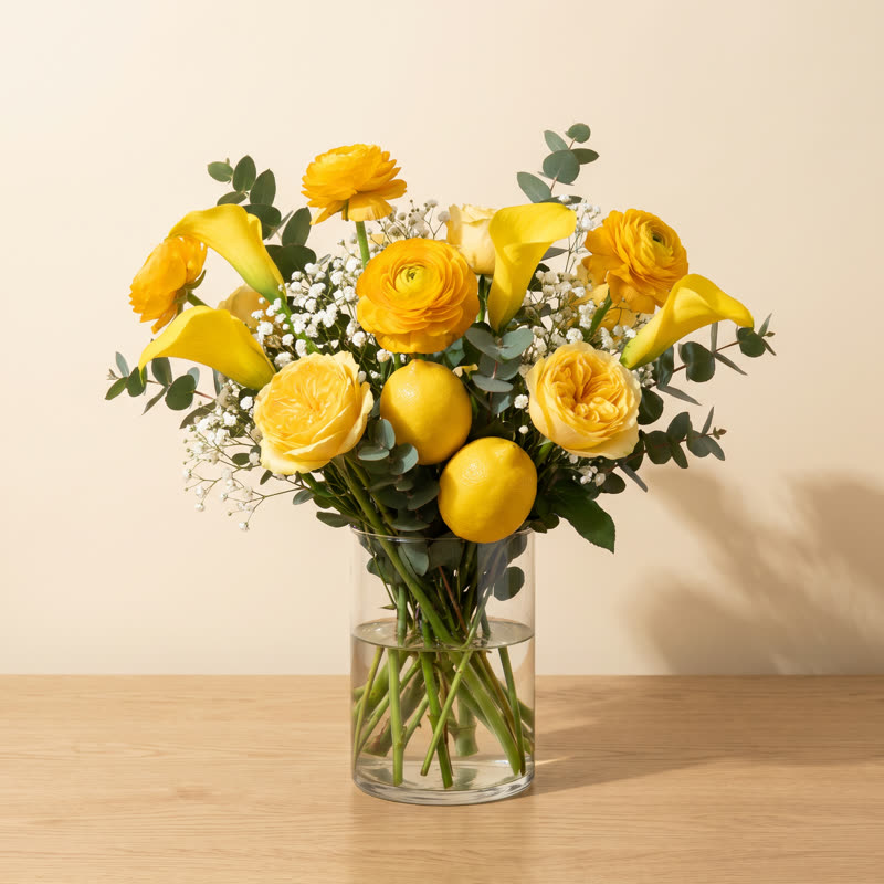 Yellow calla lilies, ranunculus and garden roses with baby's breath and fresh lemons