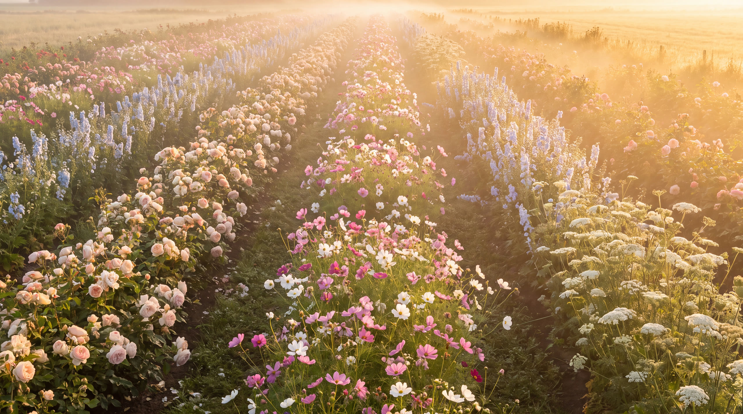 Rows of garden roses, blue delphinium and pink cosmos in a misty flower field at sunrise