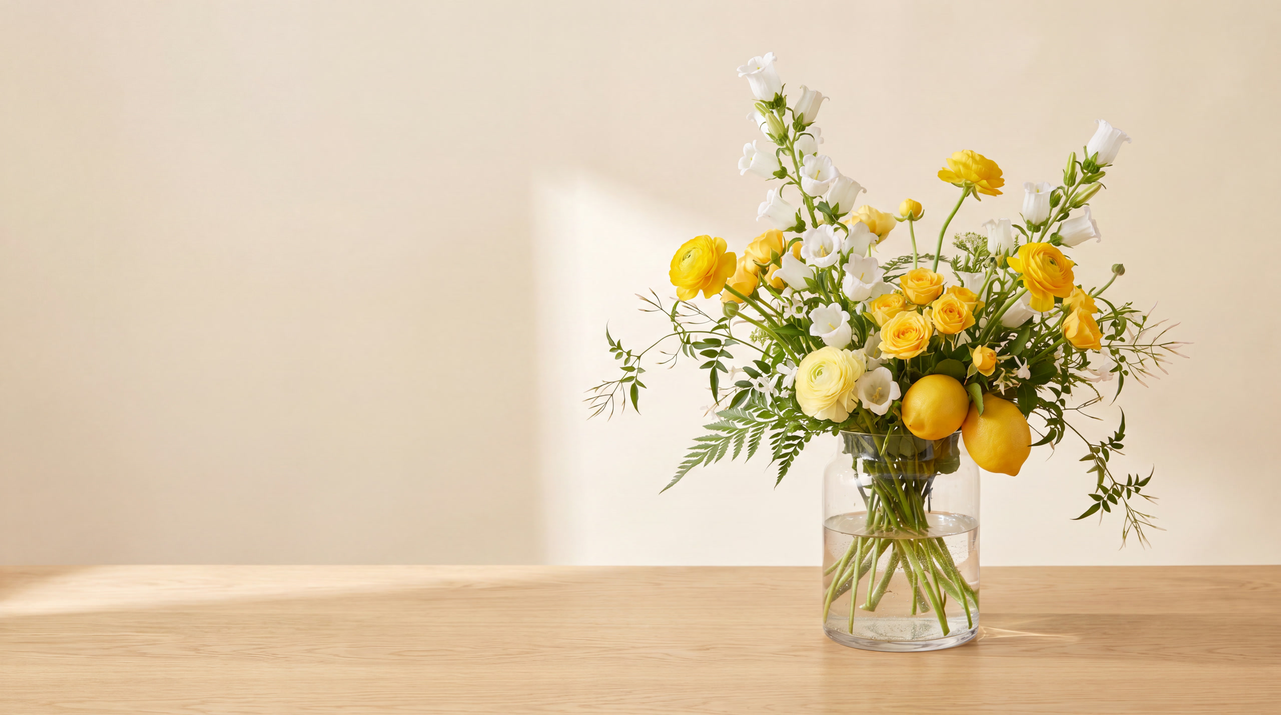 A hand-tied arrangement of yellow ranunculus, white bellflowers and lemons by Countryside Florist