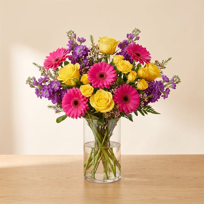 Bright mixed arrangement in oranges, pinks and yellows