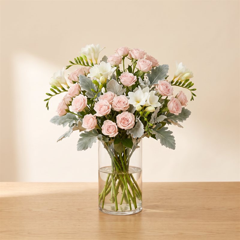 Soft pastel arrangement in pinks and creams for a new baby