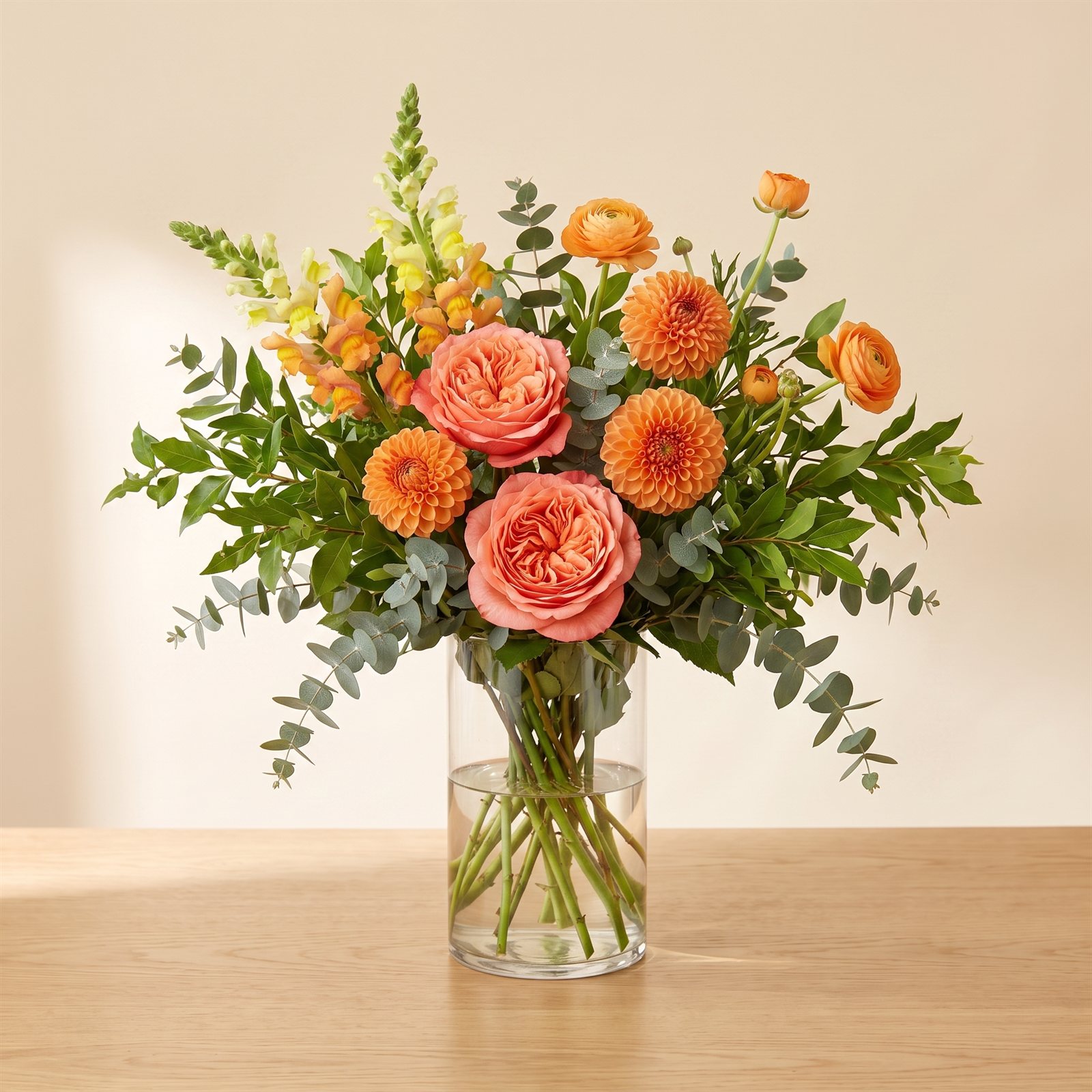 Grand designer's choice arrangement in bright corals and golds, on the studio's champagne wall