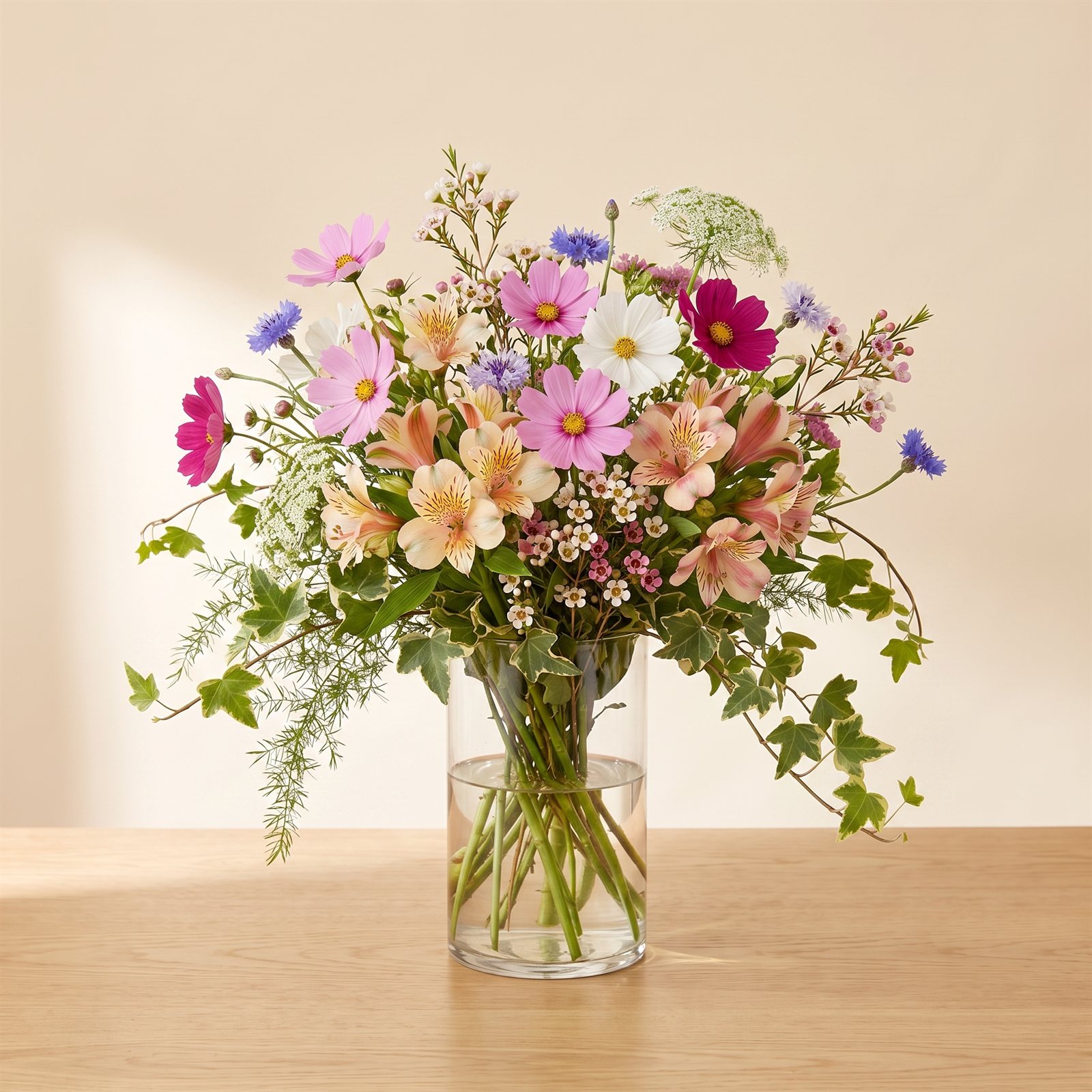 Garden-style designer's choice arrangement with loose wild greenery