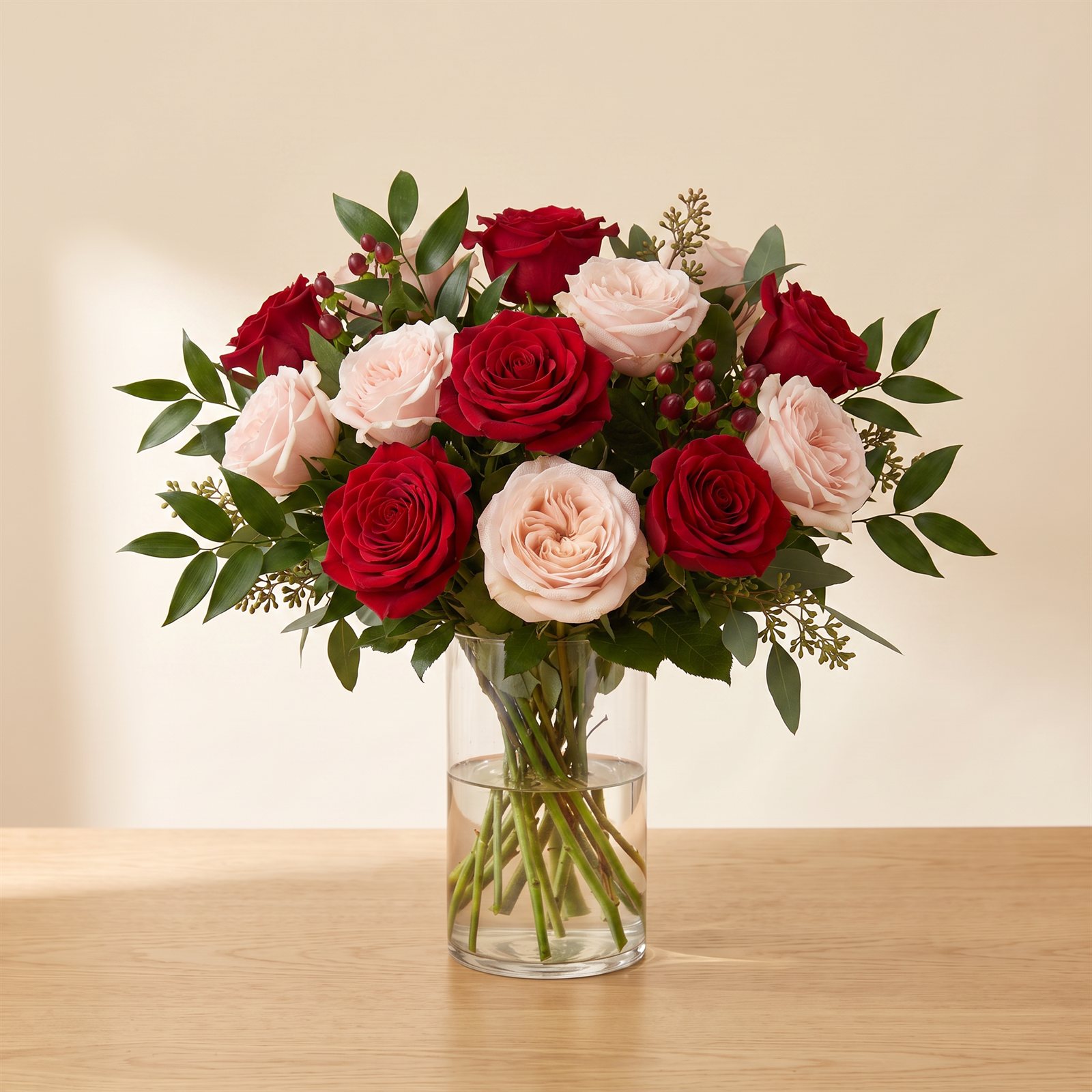 Romantic red and blush roses arranged low in a glass vase
