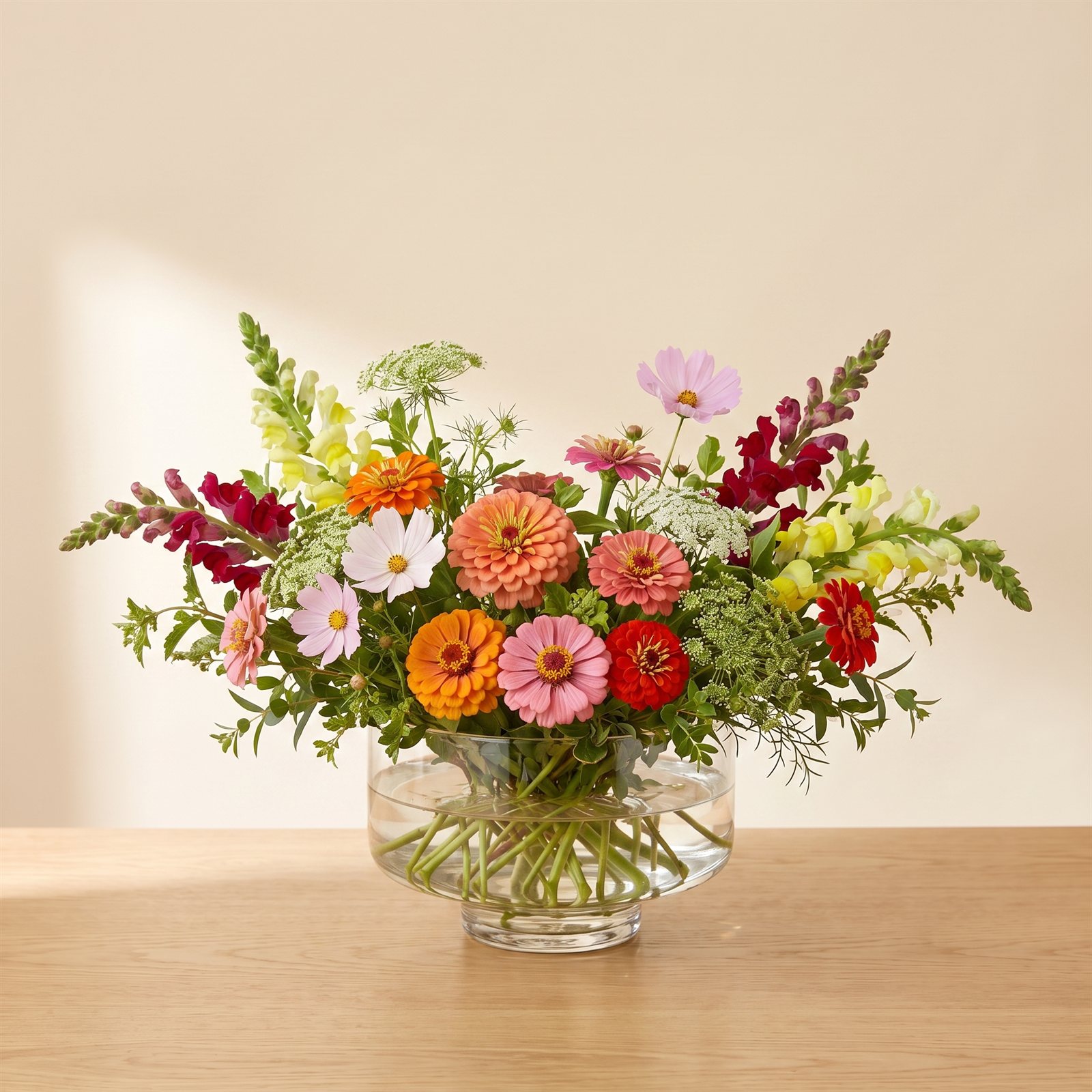 Low centerpiece of mixed seasonal blooms, dressed for an evening table